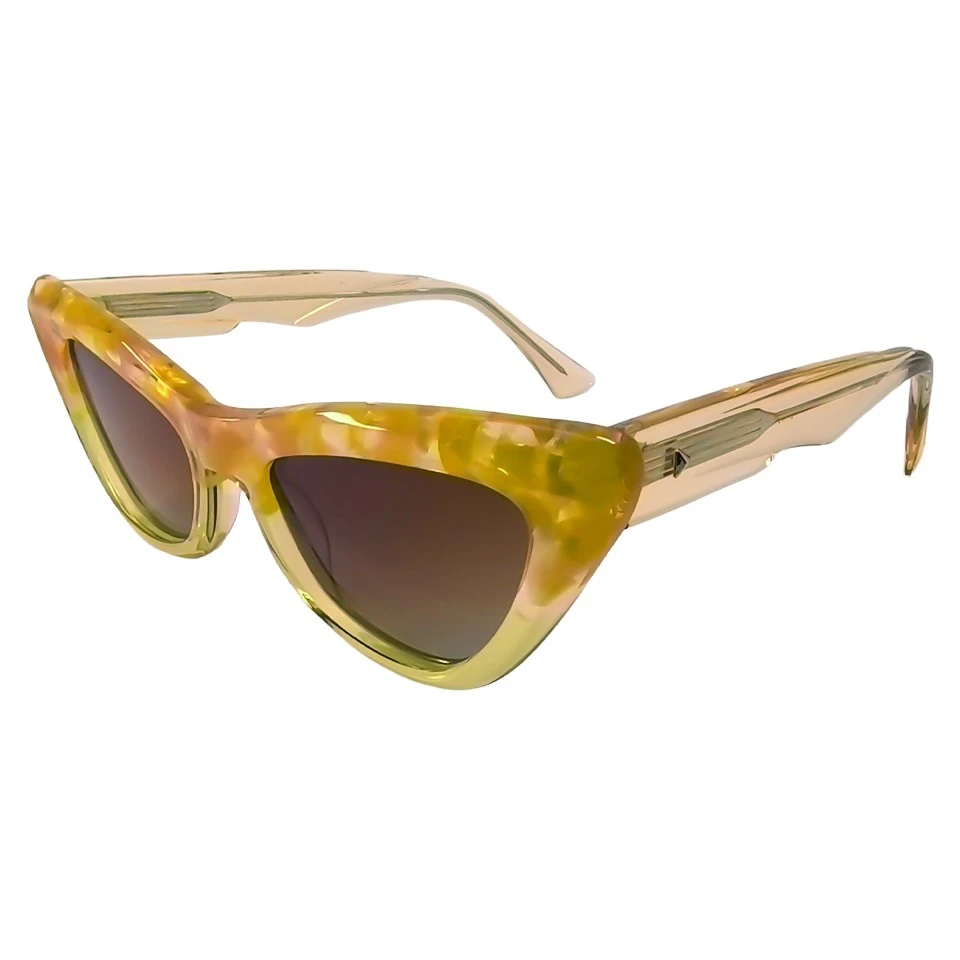 45-degree angled shot of thick amber acetate cat eye sunglasses frame